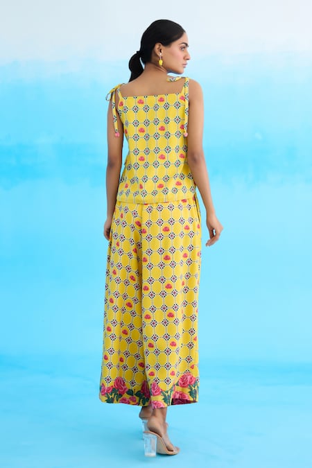 Shop_Nikasha_Yellow Cotton Sequins, Beads Square Neck Rose High-low Strappy Top _at_Aza_Fashions