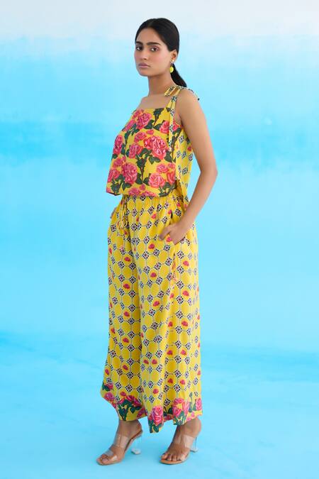 Nikasha_Yellow Cotton Sequins, Beads Square Neck Rose High-low Strappy Top _Online_at_Aza_Fashions