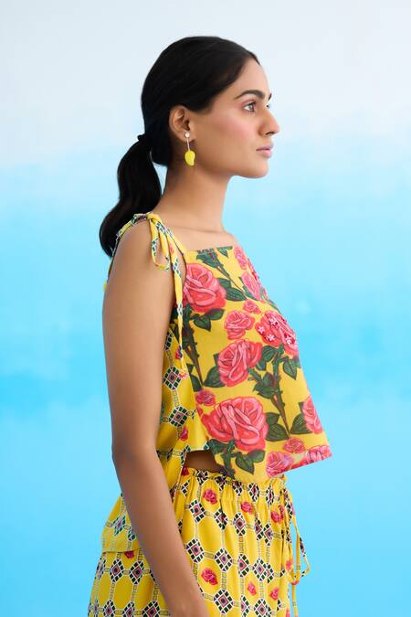 Buy_Nikasha_Yellow Cotton Sequins, Beads Square Neck Rose High-low Strappy Top _Online_at_Aza_Fashions