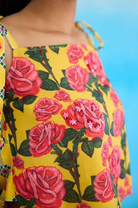 Shop_Nikasha_Yellow Cotton Sequins, Beads Square Neck Rose High-low Strappy Top _Online_at_Aza_Fashions