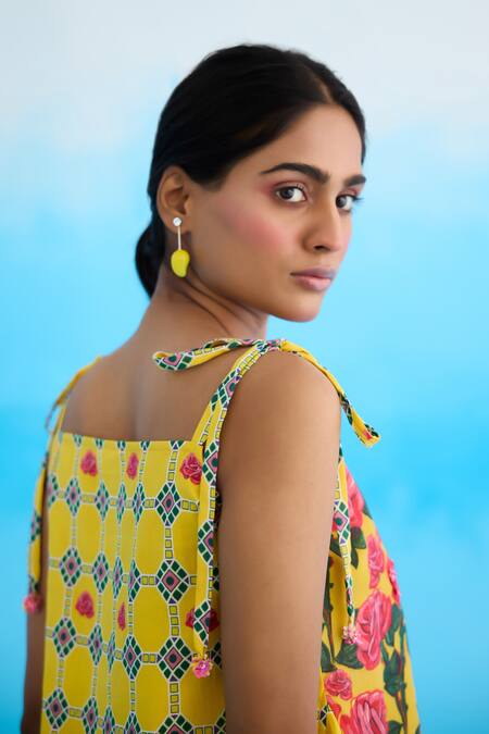 Nikasha_Yellow Cotton Sequins, Beads Square Neck Rose High-low Strappy Top _at_Aza_Fashions