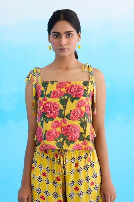 Buy_Nikasha_Yellow Cotton Sequins, Beads Square Neck Rose High-low Strappy Top 