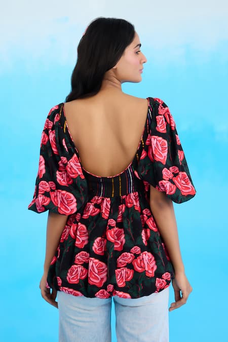 Shop_Nikasha_Black Modal, Satin Scoop Neck Vintage Rose Print Peplum Top _at_Aza_Fashions