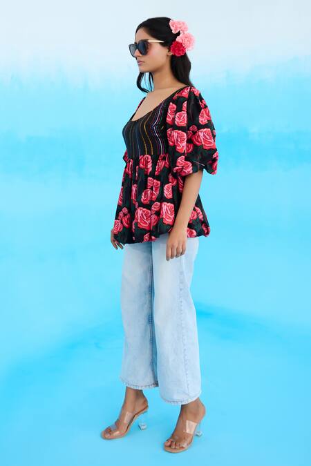 Nikasha_Black Modal, Satin Scoop Neck Vintage Rose Print Peplum Top _Online_at_Aza_Fashions