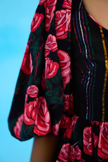 Buy_Nikasha_Black Modal, Satin Scoop Neck Vintage Rose Print Peplum Top _Online_at_Aza_Fashions