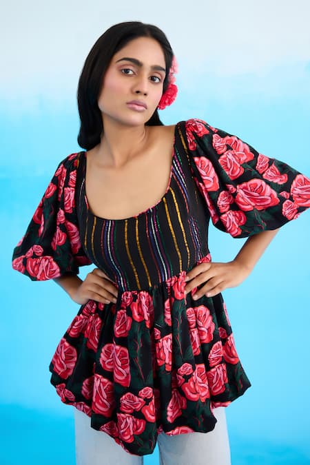 Shop_Nikasha_Black Modal, Satin Scoop Neck Vintage Rose Print Peplum Top _Online_at_Aza_Fashions