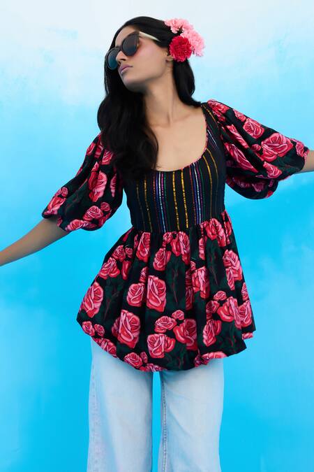 Nikasha_Black Modal, Satin Scoop Neck Vintage Rose Print Peplum Top _at_Aza_Fashions
