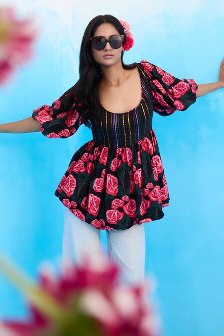 Buy_Nikasha_Black Modal, Satin Scoop Neck Vintage Rose Print Peplum Top 