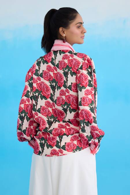 Shop Nikasha Cream Modal, Satin Ribbons High Neck Vintage Rose Printed Bow Shirt at Aza Fashions Shop_Nikasha_Cream Modal, Satin Ribbons High Neck Vintage Rose Printed Bow Shirt _at_Aza_Fashions