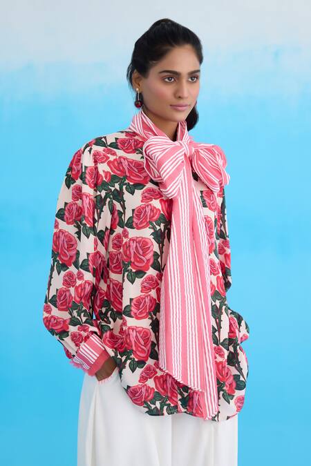 Nikasha Cream Modal, Satin Ribbons High Neck Vintage Rose Printed Bow Shirt Online at Aza Fashions Nikasha_Cream Modal, Satin Ribbons High Neck Vintage Rose Printed Bow Shirt _Online_at_Aza_Fashions