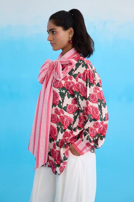 Buy Nikasha Cream Modal, Satin Ribbons High Neck Vintage Rose Printed Bow Shirt Online at Aza Fashions Buy_Nikasha_Cream Modal, Satin Ribbons High Neck Vintage Rose Printed Bow Shirt _Online_at_Aza_Fashions