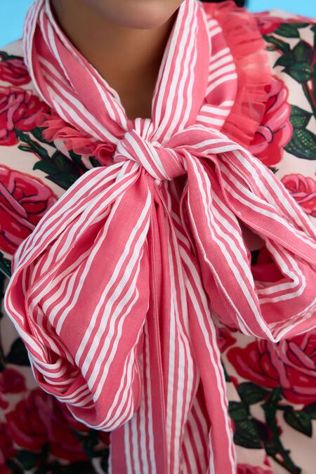 Shop Nikasha Cream Modal, Satin Ribbons High Neck Vintage Rose Printed Bow Shirt Online at Aza Fashions Shop_Nikasha_Cream Modal, Satin Ribbons High Neck Vintage Rose Printed Bow Shirt _Online_at_Aza_Fashions