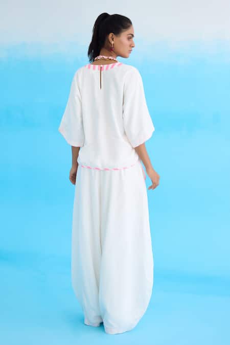 Shop_Nikasha_White Cotton, Rayon Crew Neck Candy Striped High-low Top _at_Aza_Fashions