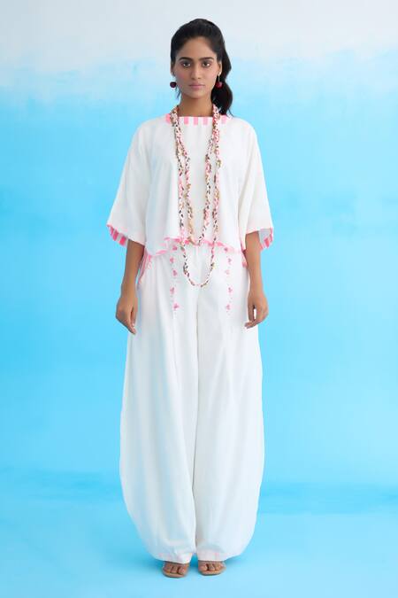 Nikasha_White Cotton, Rayon Crew Neck Candy Striped High-low Top _Online_at_Aza_Fashions