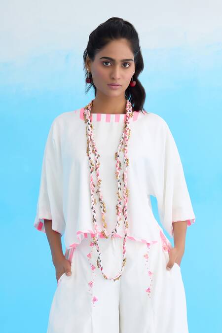 Buy_Nikasha_White Cotton, Rayon Crew Neck Candy Striped High-low Top _Online_at_Aza_Fashions