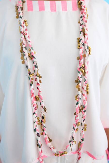 Shop_Nikasha_White Cotton, Rayon Crew Neck Candy Striped High-low Top _Online_at_Aza_Fashions