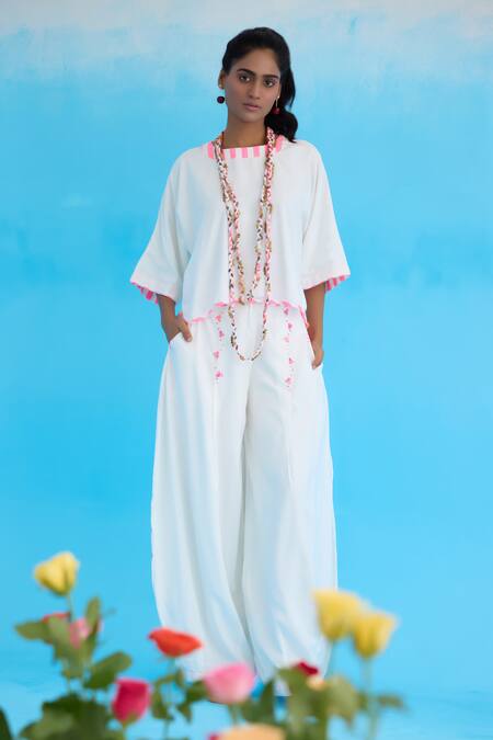 Nikasha_White Cotton, Rayon Crew Neck Candy Striped High-low Top _at_Aza_Fashions