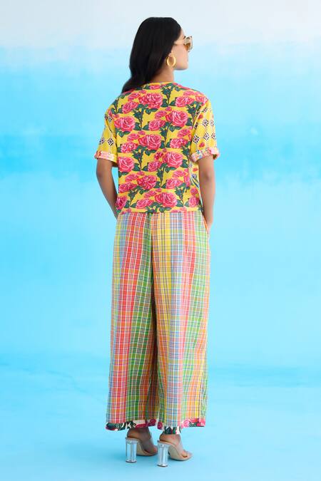 Shop_Nikasha_Yellow Cotton Sequins, Beads Crew Neck Rose Pattern T-shirt _at_Aza_Fashions