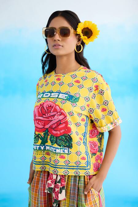Shop_Nikasha_Yellow Cotton Sequins, Beads Crew Neck Rose Pattern T-shirt _Online_at_Aza_Fashions