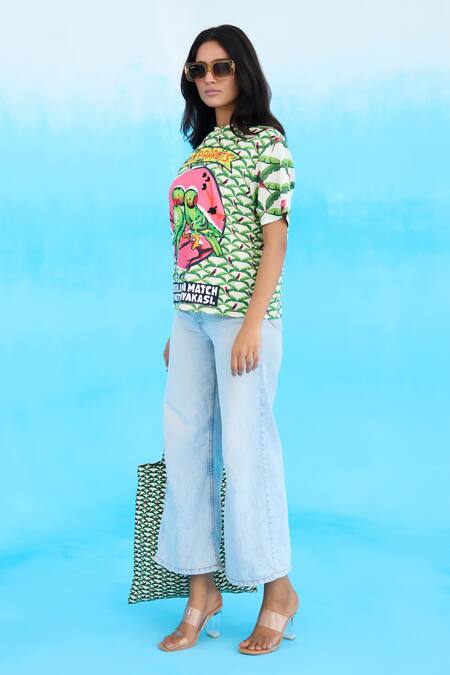 Nikasha Ivory Cotton Sequins, Beads Crew Neck Parakeet Pattern T-shirt Online at Aza Fashions Nikasha_Ivory Cotton Sequins, Beads Crew Neck Parakeet Pattern T-shirt _Online_at_Aza_Fashions