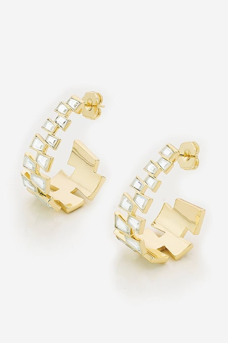 Shop Isharya Gold Plated Mirrors Angel Dust Studded Hoop Earrings at Aza Fashions Shop_Isharya_Gold Plated Mirrors Angel Dust Studded Hoop Earrings _at_Aza_Fashions