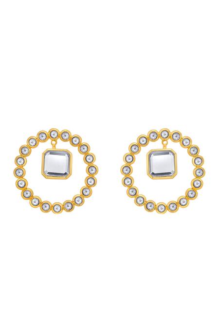 Shop_Isharya_Gold Plated Mirrors, Crystals Revolution Embellished Earrings_at_Aza_Fashions