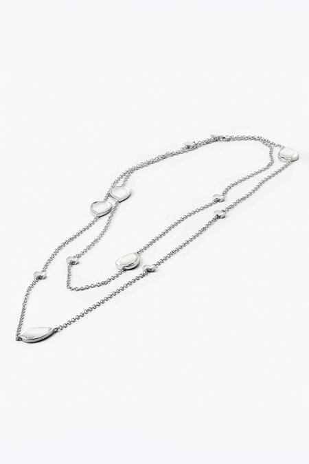 Shop Isharya Silver Plated Dew Drop Mirror Long Necklace at Aza Fashions Shop_Isharya_Silver Plated Dew Drop Mirror Long Necklace_at_Aza_Fashions