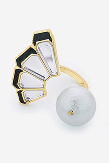 Shop Isharya Gold Plated Mirrors, Pearls Ayaana And Fan Ring at Aza Fashions Shop_Isharya_Gold Plated Mirrors, Pearls Ayaana And Fan Ring _at_Aza_Fashions