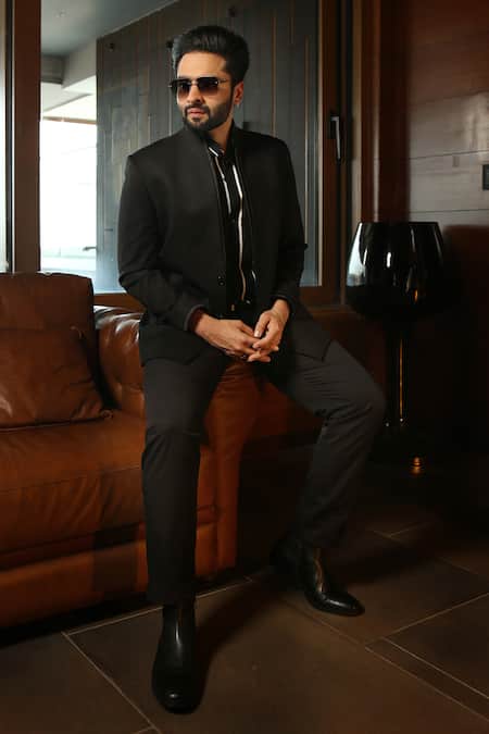 Shop_Nirmooha_Blue Microfiber Sequins Full Sleeve Blazer Set _Online_at_Aza_Fashions