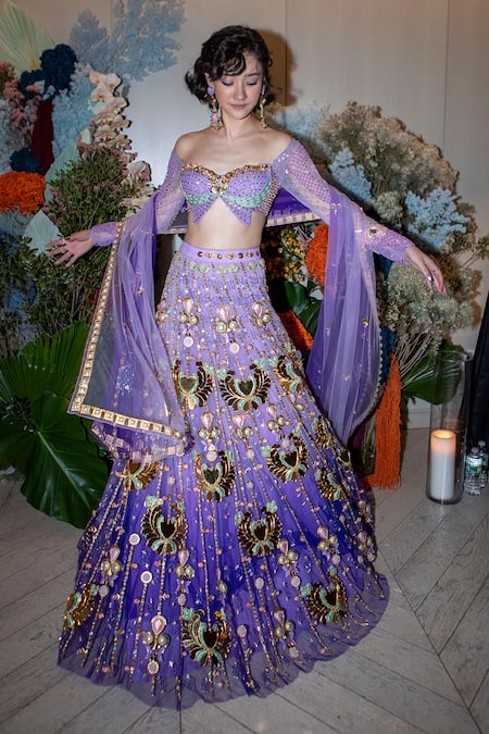 Papa Don't Preach Purple Tulle Embellished Acrylic Leaf Neck Celestia Metal Bridal Lehenga Set 