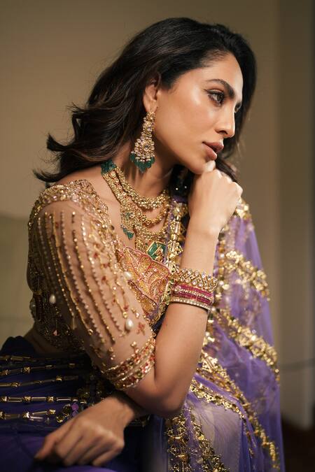 Papa Don't Preach_Purple Tulle Sequins, Beads, Acrylic Embroidered Pre-draped Saree With Blouse _at_Aza_Fashions