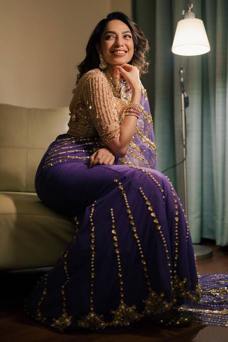 Buy_Papa Don't Preach_Purple Tulle Sequins, Beads, Acrylic Embroidered Pre-draped Saree With Blouse 