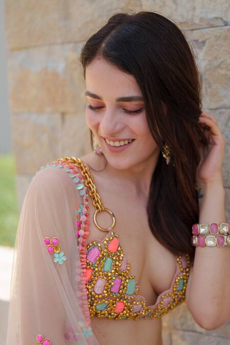 Buy_Papa Don't Preach_Ivory Tulle, Acrylic Sequins, Sparkle Me Fun Stripe Embellished Lehenga Set _Online_at_Aza_Fashions