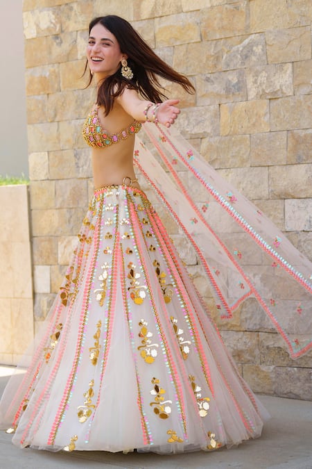 Shop_Papa Don't Preach_Ivory Tulle, Acrylic Sequins, Sparkle Me Fun Stripe Embellished Lehenga Set _Online_at_Aza_Fashions