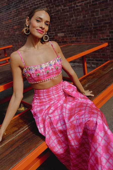 Papa Don't Preach Pret_Pink Taffeta Sequins, Gracelyn Floral Heart Pattern Bustier With Draped Skirt_at_Aza_Fashions