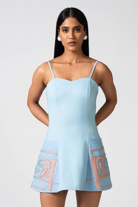 Pocketful Of Cherrie Blue Polyester Embroidery Sweetheart Neck Riviera Hand Pocket Dress Online at Aza Fashions Pocketful Of Cherrie_Blue Polyester Embroidery Sweetheart Neck Riviera Hand Pocket Dress _Online_at_Aza_Fashions