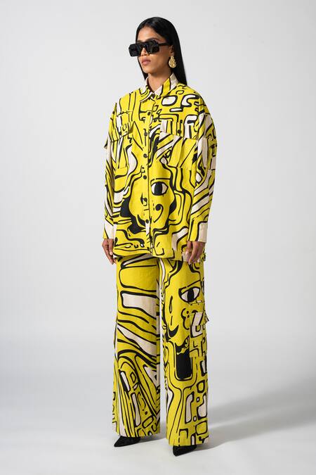 Pocketful Of Cherrie_Yellow Cotton Collared Riviera Abstract Print Jacket _Online_at_Aza_Fashions