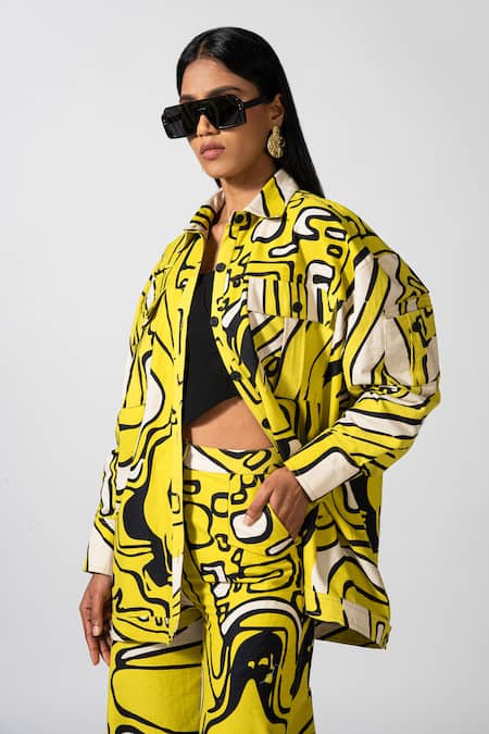 Buy_Pocketful Of Cherrie_Yellow Cotton Collared Riviera Abstract Print Jacket _Online_at_Aza_Fashions