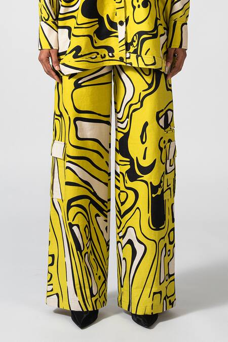 Pocketful Of Cherrie_Yellow Cotton, Twill Riviera Abstract Print Pant _Online_at_Aza_Fashions