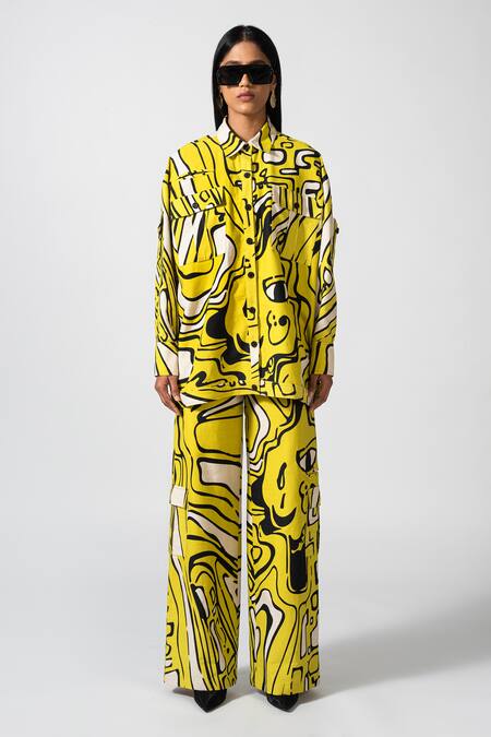 Buy_Pocketful Of Cherrie_Yellow Cotton, Twill Riviera Abstract Print Pant _Online_at_Aza_Fashions