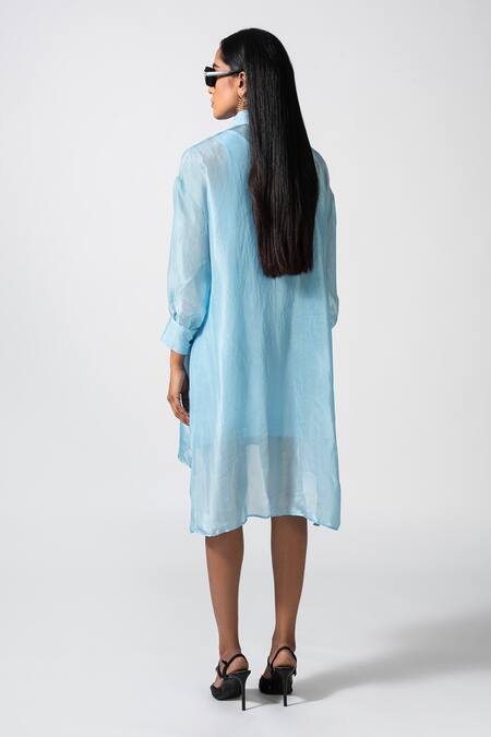 Shop_Pocketful Of Cherrie_Blue Silk Collared Serafina High Low Dress _at_Aza_Fashions