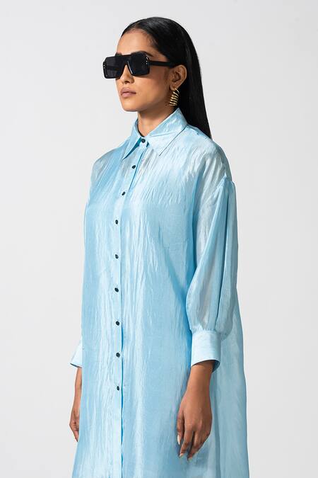 Pocketful Of Cherrie_Blue Silk Collared Serafina High Low Dress _Online_at_Aza_Fashions