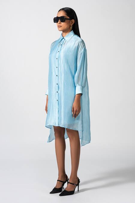 Buy_Pocketful Of Cherrie_Blue Silk Collared Serafina High Low Dress _Online_at_Aza_Fashions
