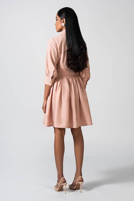 Shop_Pocketful Of Cherrie_Pink Linen Collared Roseate Reverie Dress _at_Aza_Fashions