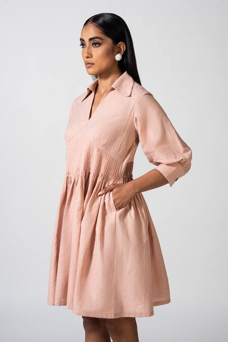 Pocketful Of Cherrie_Pink Linen Collared Roseate Reverie Dress _Online_at_Aza_Fashions