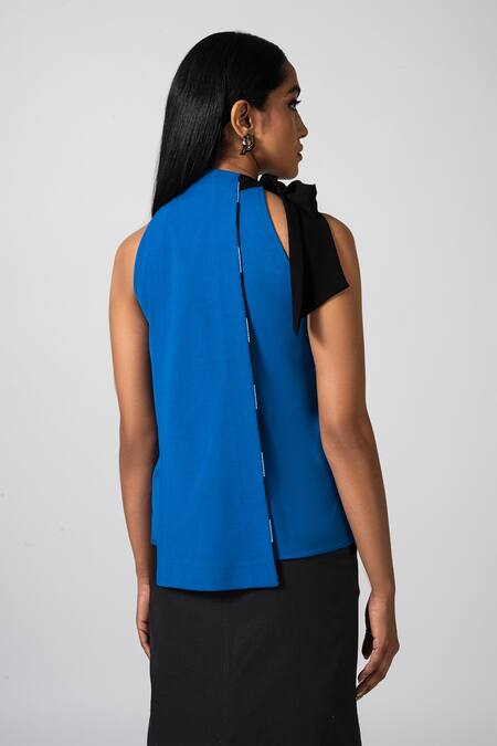 Shop Pocketful Of Cherrie Blue Polyester Embroidery, Beads Halter Neck Sapphire Twist Top at Aza Fashions Shop_Pocketful Of Cherrie_Blue Polyester Embroidery, Beads Halter Neck Sapphire Twist Top_at_Aza_Fashions