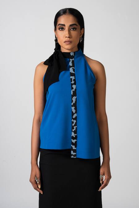 Pocketful Of Cherrie Blue Polyester Embroidery, Beads Halter Neck Sapphire Twist Top Online at Aza Fashions Pocketful Of Cherrie_Blue Polyester Embroidery, Beads Halter Neck Sapphire Twist Top_Online_at_Aza_Fashions