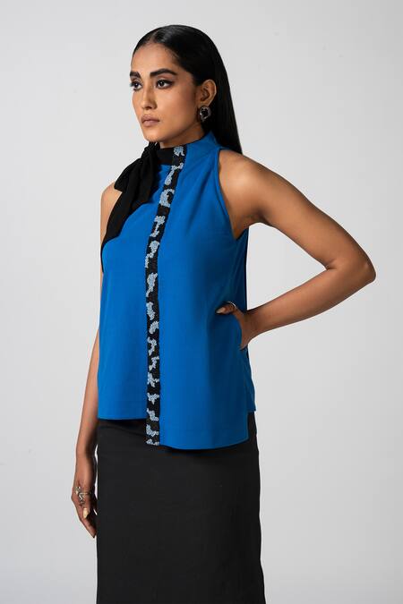 Buy Pocketful Of Cherrie Blue Polyester Embroidery, Beads Halter Neck Sapphire Twist Top Online at Aza Fashions Buy_Pocketful Of Cherrie_Blue Polyester Embroidery, Beads Halter Neck Sapphire Twist Top_Online_at_Aza_Fashions