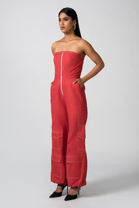 Pocketful Of Cherrie Red 100% Cotton Solid Straight Adventure Ready Strapless Jumpsuit  