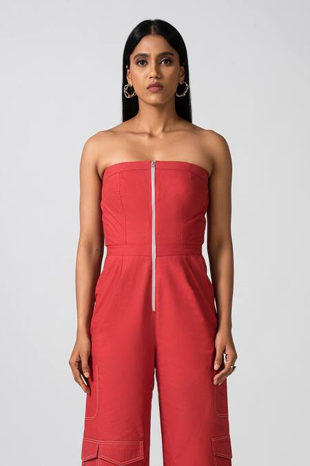 Pocketful Of Cherrie Red Cotton Bandeau Neck Adventure Ready Strapless Jumpsuit Online at Aza Fashions Pocketful Of Cherrie_Red Cotton Bandeau Neck Adventure Ready Strapless Jumpsuit_Online_at_Aza_Fashions